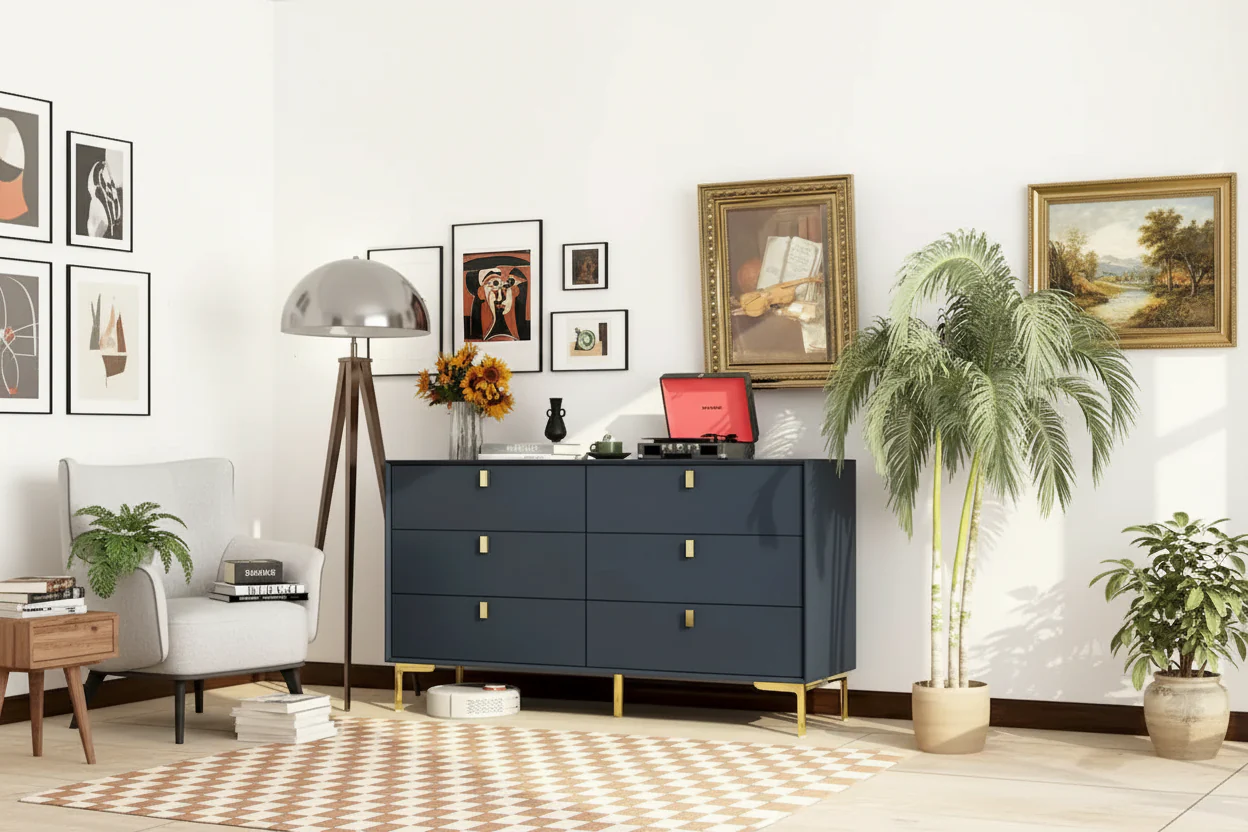 55.1W 6-Drawer Double Dresser Black Gold Storage Cabinet Chest