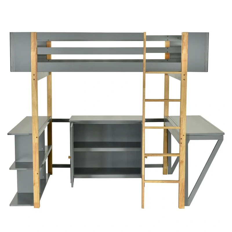 Grey/White Two-Tone Loft Bed with Storage Cabinet & Foldable Desk – Full/Twin, 1-Person