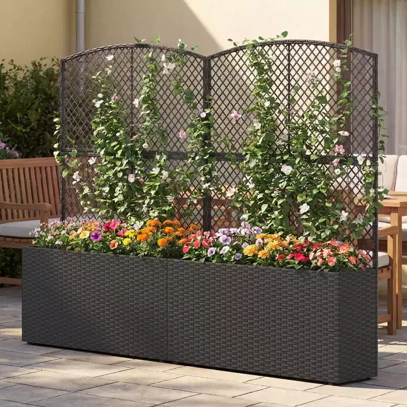 Costway 1/2 PCS 58 Raised Garden Bed with Trellis, Wicker Planter Box with Privacy Screen Brown/Black