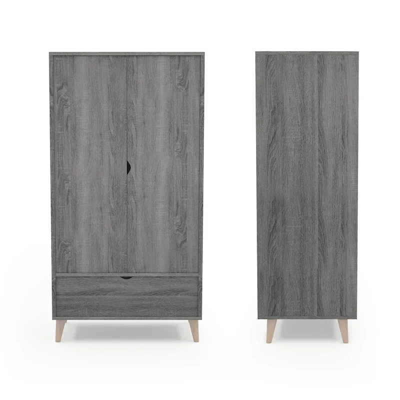 Distressed Grey Mid-Century 1-Drawer Wardrobe Armoire