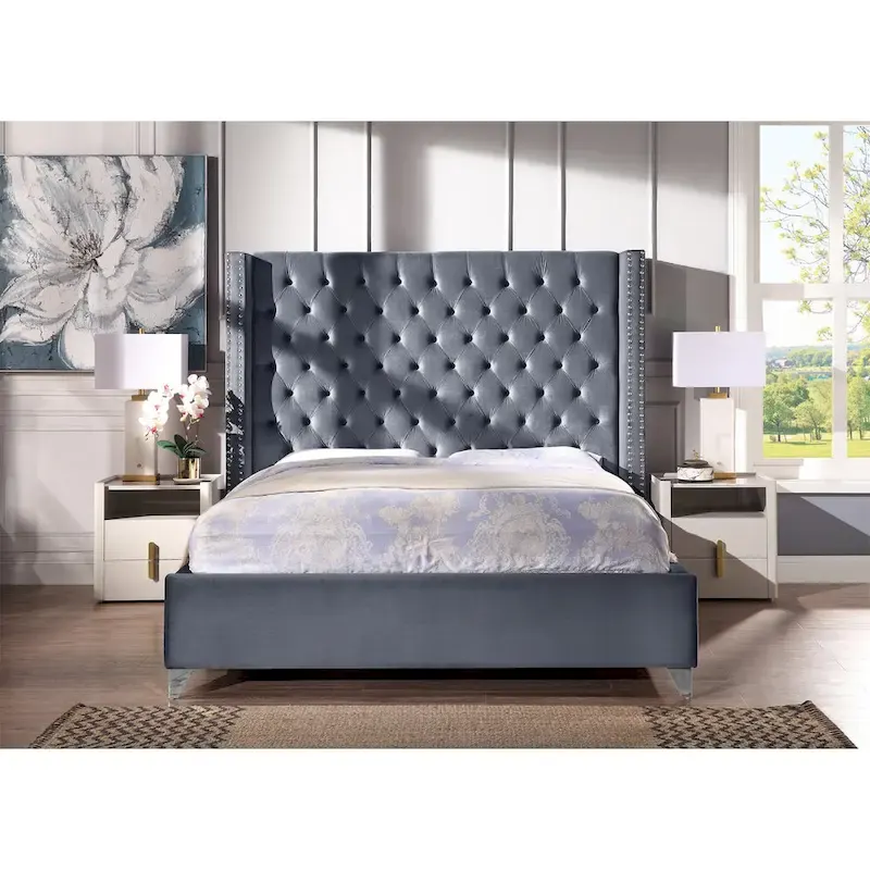King Velvet Upholstered Bed with Deep Button Tufting