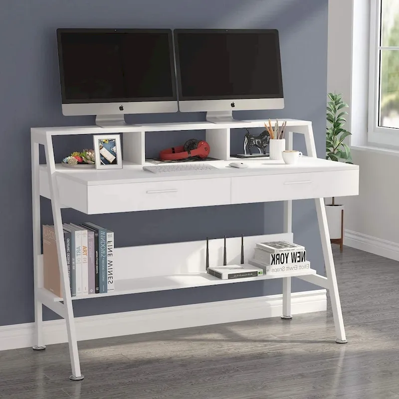 White / Black Computer Desk with 2 Drawers, Monitor Stand & Bottom Storage Shelf – Single