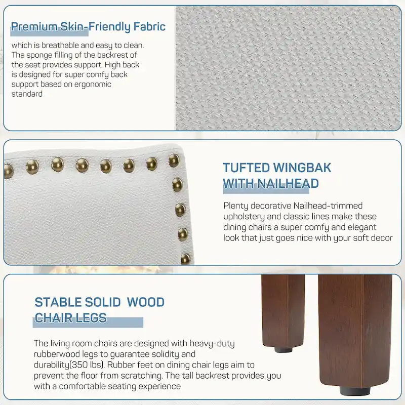 Dining Chairs Set of 2, Upholstered Dining Room Chairs Fabric Kitchen Chairs with Solid Wood Frame and Nailhead Trim