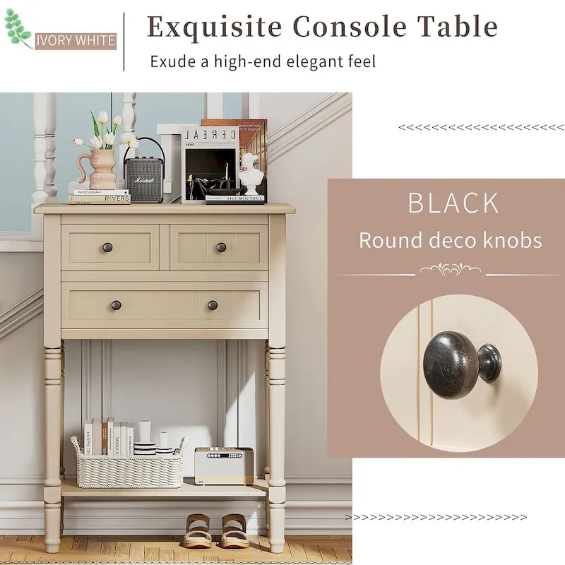 23.7 Farmhouse Solid Wood Console Table with 3 Drawers and Bottom Shelf