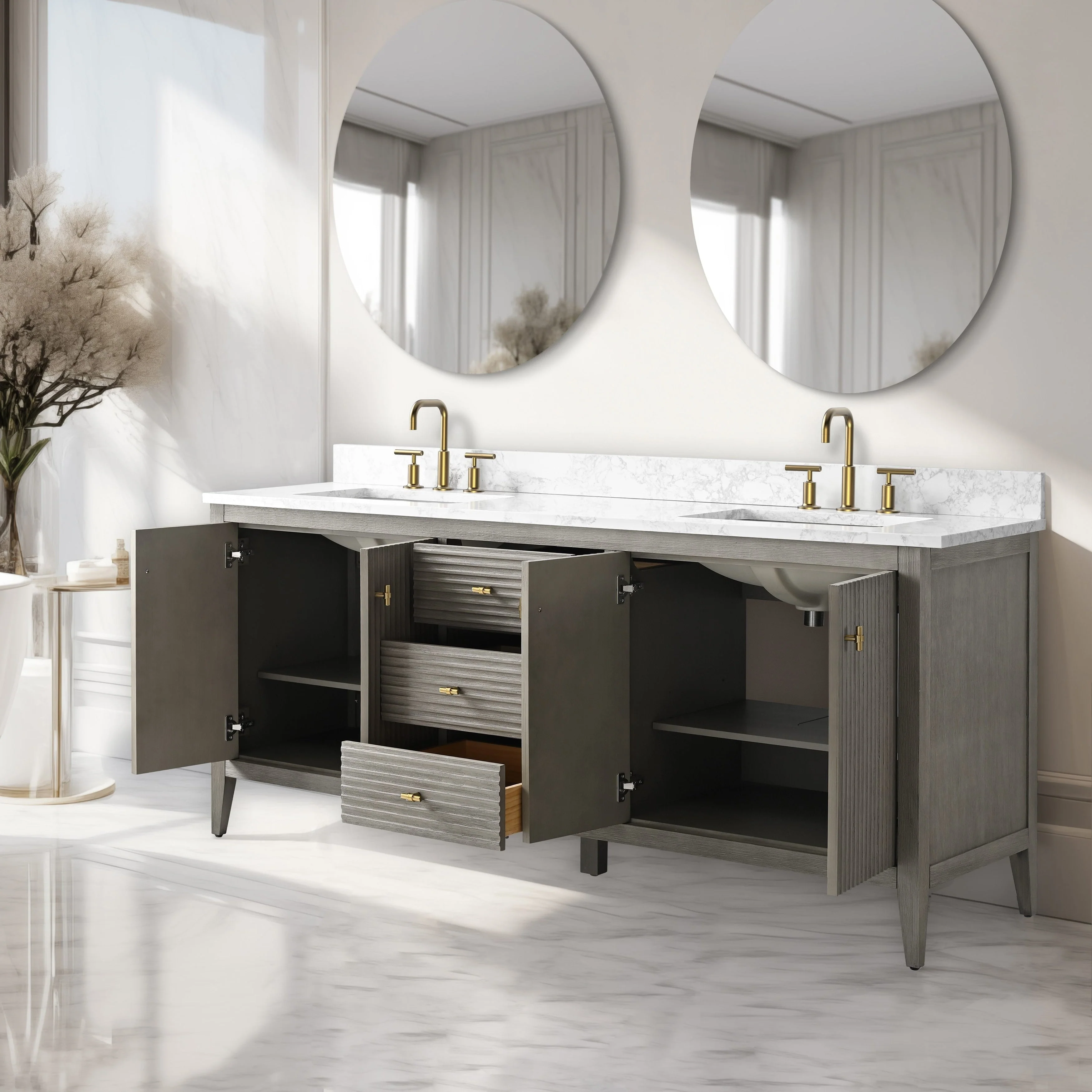 Vanity Art 72 Double Sink Bathroom Vanity Cabinet with Engineered Marble Top