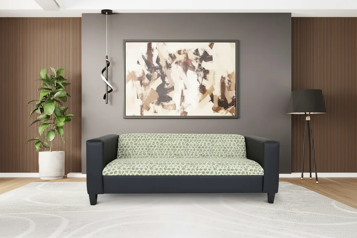 Mid-Century Modern 3-Seater Sofa, Faux Leather with Solid Wood Frame