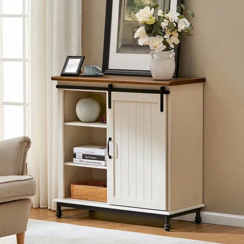 Antique White Farmhouse Sliding Barn Door Storage Cabinet, 1-Person, 70