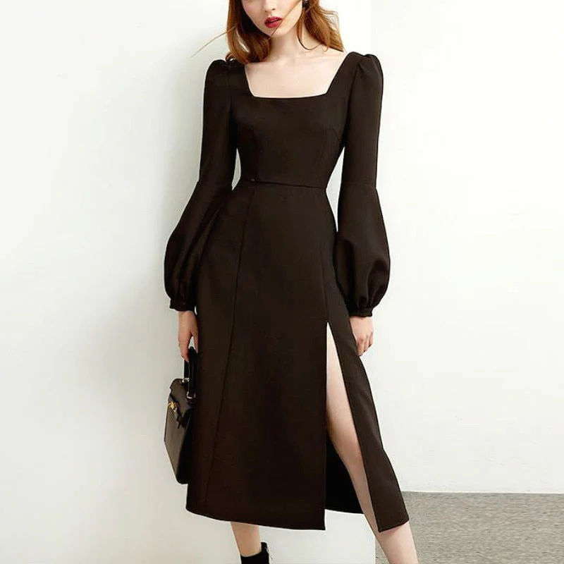 flowersverse Black Retro Split Dress Women Elegant Midi Designer Dress Female Long Sleeve Hepburn Style Chiffon Vintage Dress Fall Women