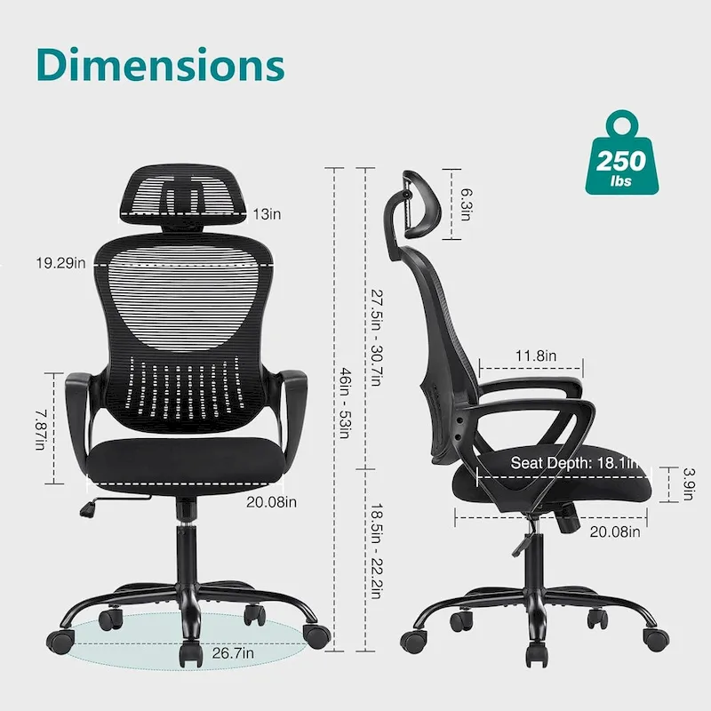 Ergonomic Office Chair, Comfy Computer Desk Chair Mesh High Back with Fixed Arms and Adjustable Headrest, Swivel RollingChair