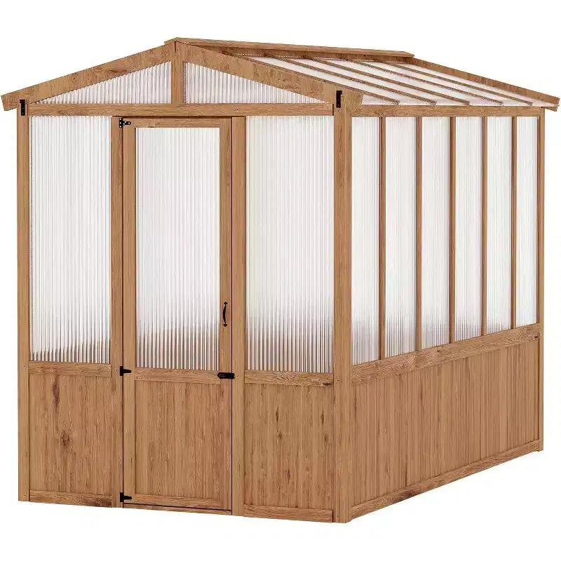 6x10FT Wooden Greenhouse with Cedar Frame, Outdoor Walk-In Garden Greenhouse, Durable Polycarbonate Panels and Roof Vent, Spacious Structure
