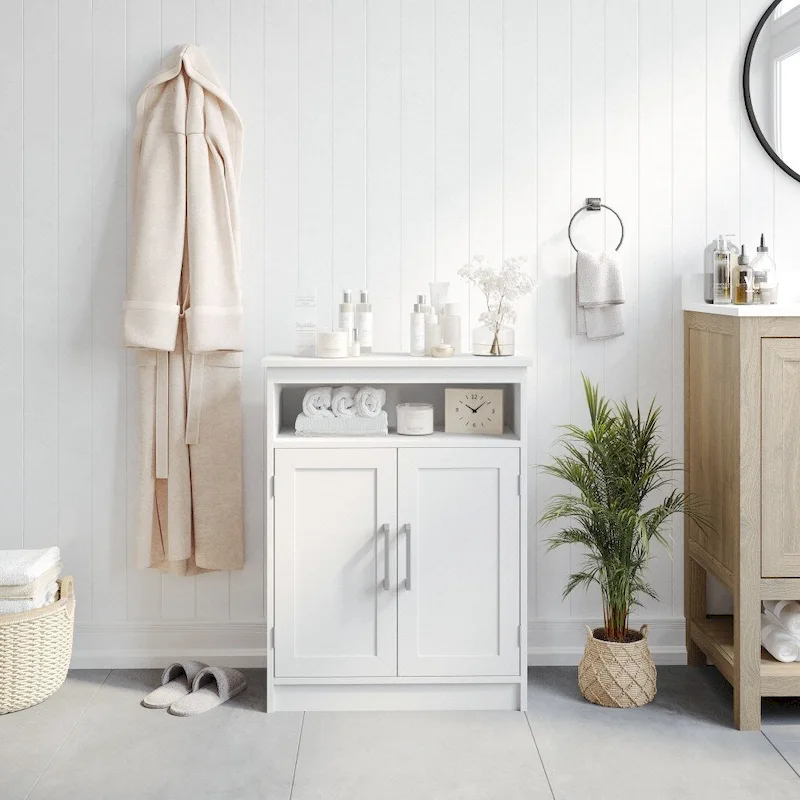 White / Gray Freestanding Bathroom Storage Cabinet with Shelves – 1 Person
