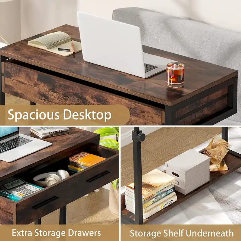 Height-Adjustable Side Table with Drawers and Wheels