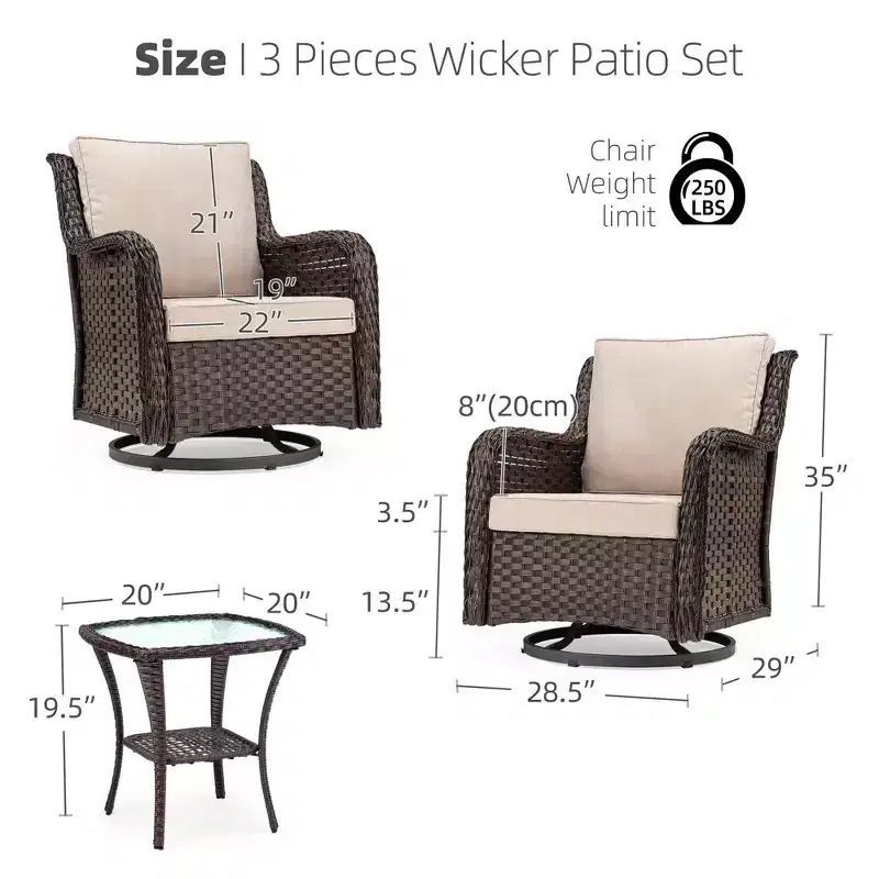 Outdoor Swivel Wicker Sliding Patio Chairs with Table Set, 3-Piece Outdoor Bistro Set with 4-Inch Thick Cushions and Coffee Table