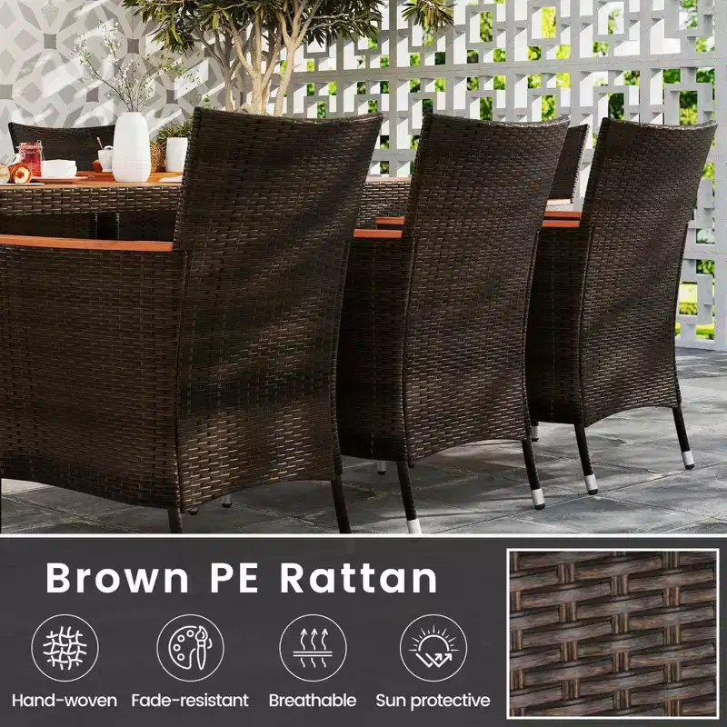 Costway 9PCS Patio Rattan Dining Set Armrest Cushioned Chair with Acacia Wood Table, 1.96 Umbrella Hole