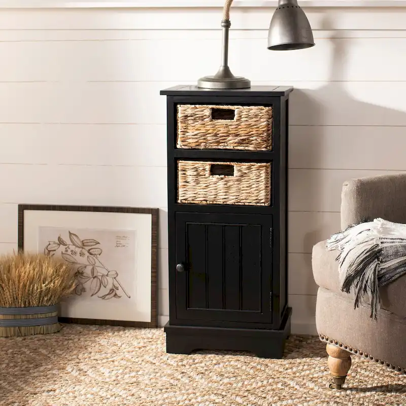Distressed Black Storage Cabinet with Wicker Baskets