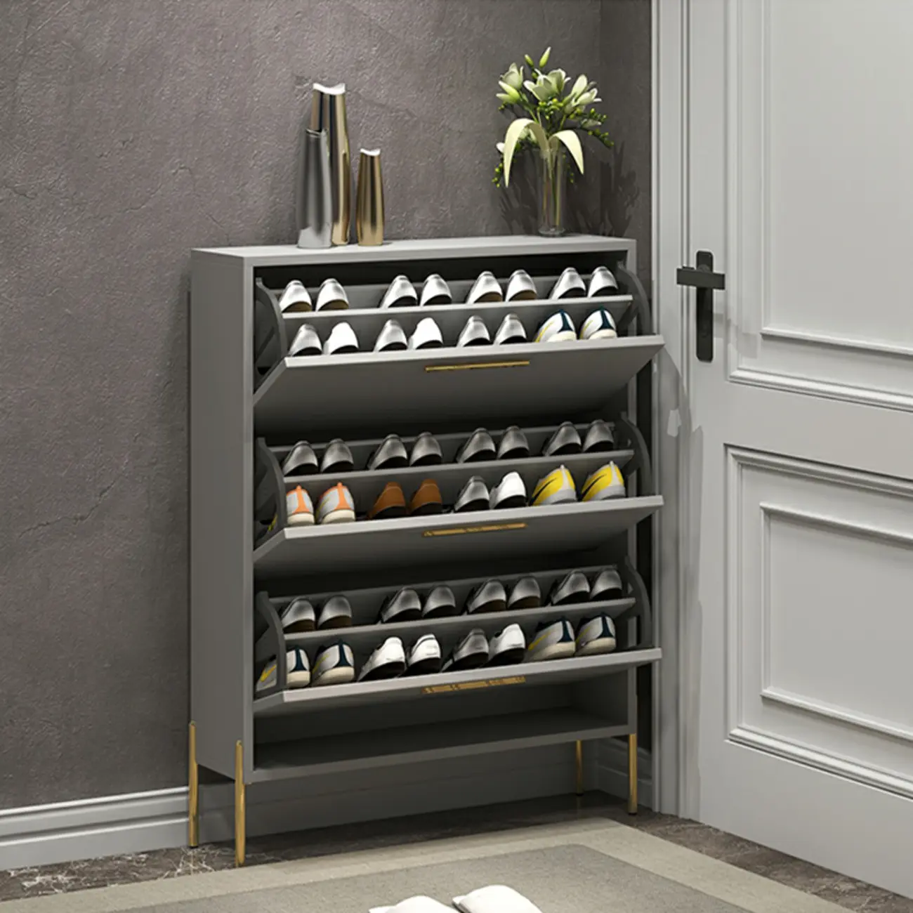 3-Tier Narrow Dark Gray Drop-Front Wood Shoe Cabinet