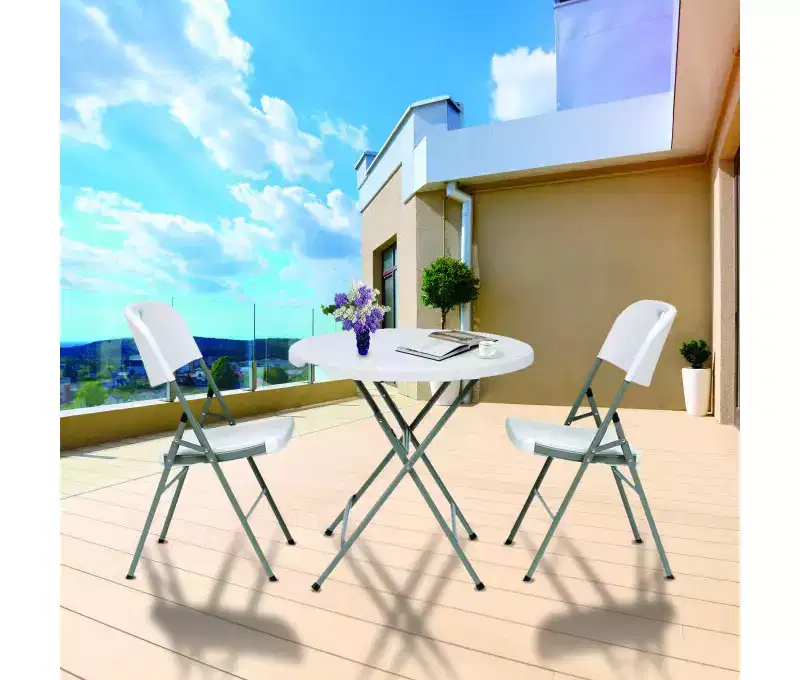 Round Folding Table 32 Inch Portable HDPE Plastic Indoor Outdoor Dining Table with Steel Legs White