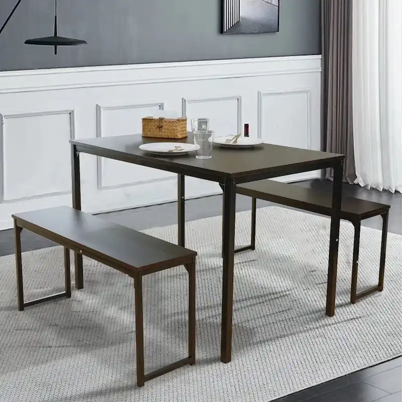 3 Piece Kitchen Table Set with Two Benches Dining Room Table Set 4