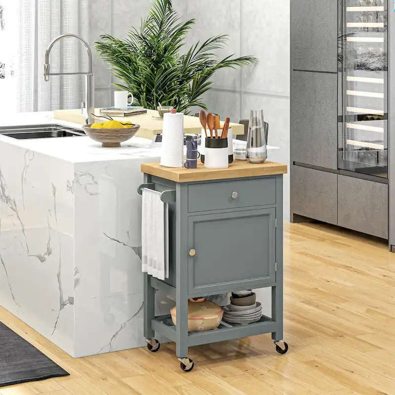 Rolling Kitchen Cart with Rubberwood Top - Storage Island on Wheels (Grey)