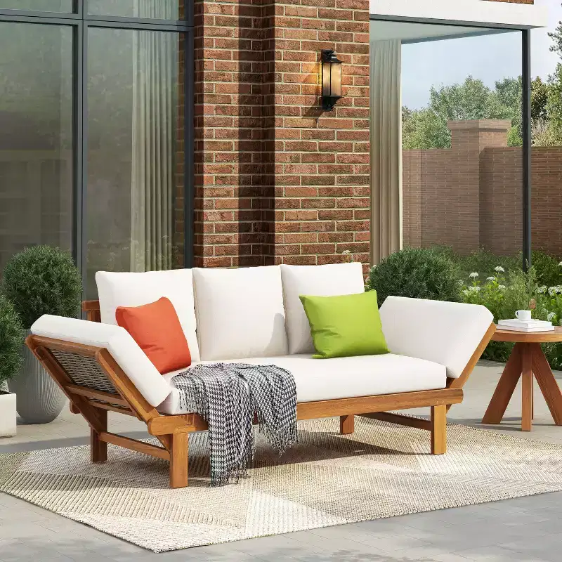 Christopher Knight Home Junghwan Modern Patio Acacia Wood and Wicker Daybed with Adjustable Armrests