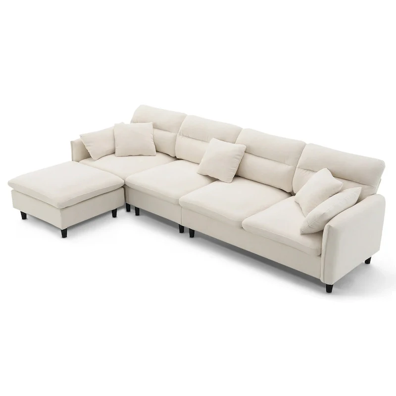 110 Modern L-Shaped Convertible 5-Seat Sectional Sofa with Removable Ottoman and 5 Cushions, Plush Chenille Fabric