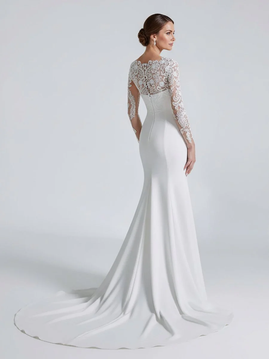 Mermaid White Lace Appliques Beaded Wedding Dress