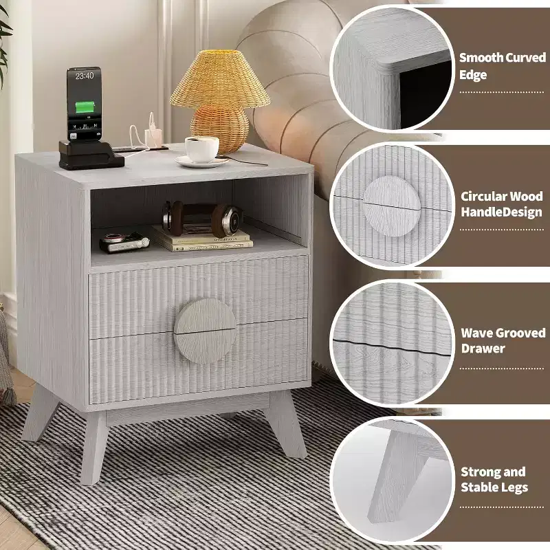 COZONY Modern Fluted Nightstand with Charging Station, Wood Bedside Table with Drawers & Storage Shelf for Living Room Bedroom