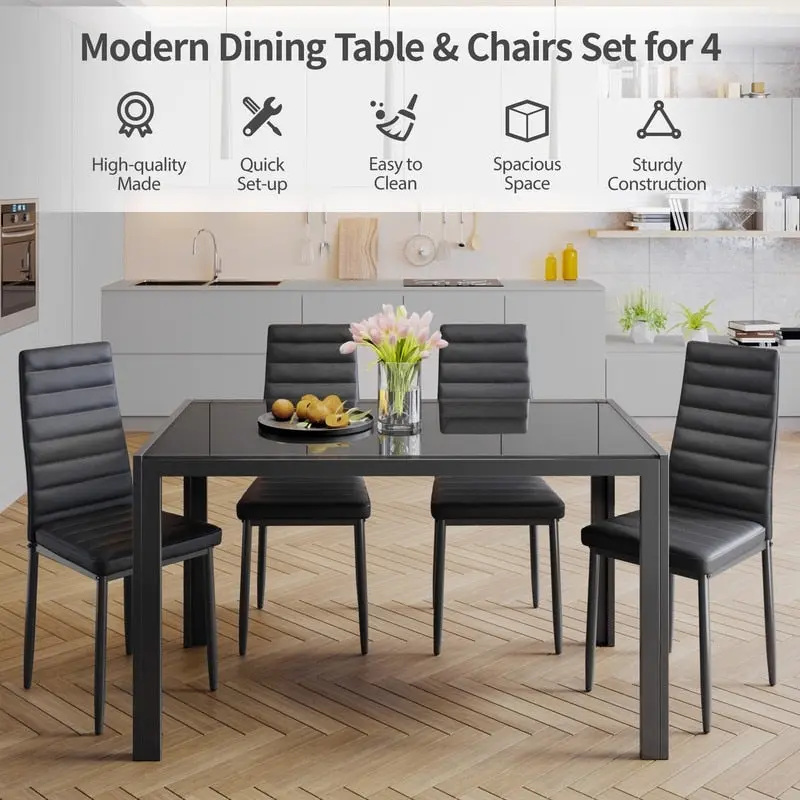 5 Pieces Glass Dining Table Set, 4 Person Modern Home Kitchen Chairs with High Back PU Leather Dining Chairs