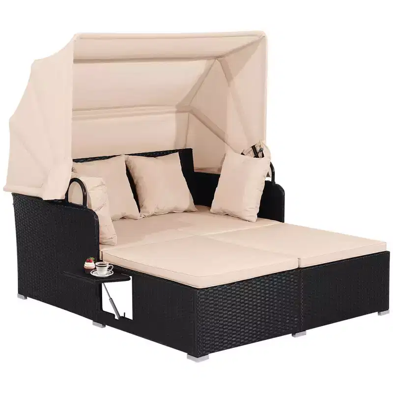 Costway Patio Rattan Daybed Lounge Retractable Top Canopy Side Tables Cushions Off White/Red/Turquoise/Beige