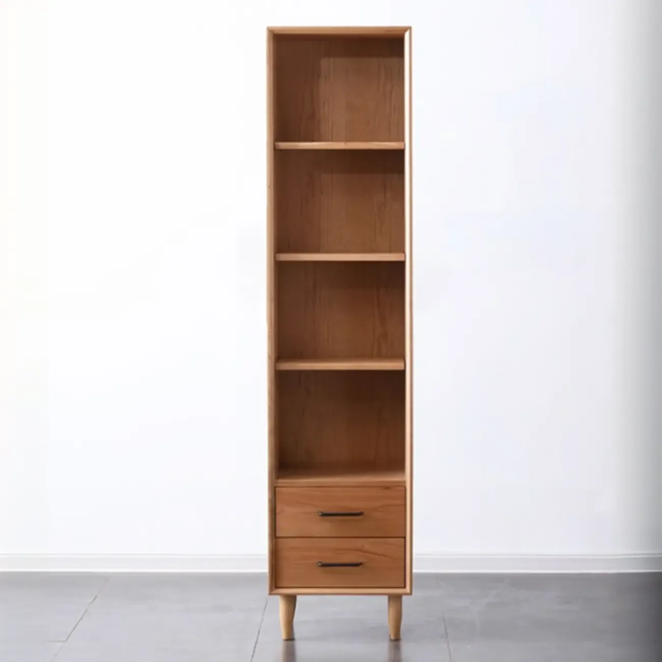 Narrow Modern Natural Wood 2-Drawer Bookcase