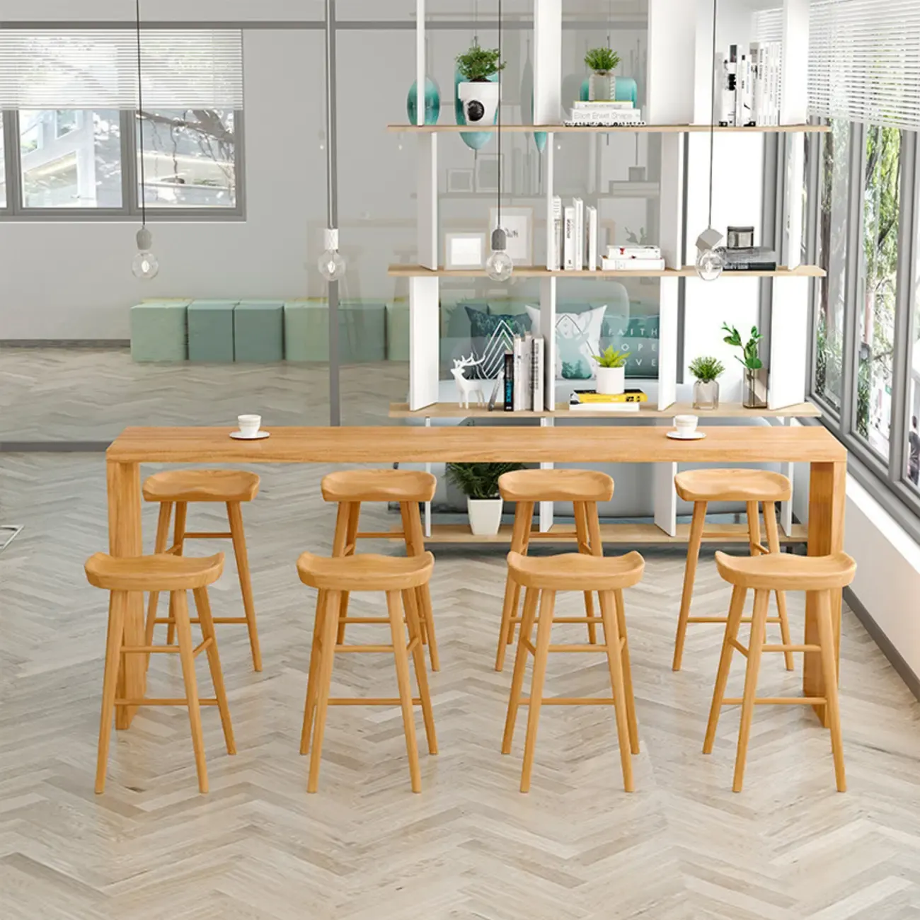 Rectangle Scandinavian Wooden Bar Height Table Double Pedestal