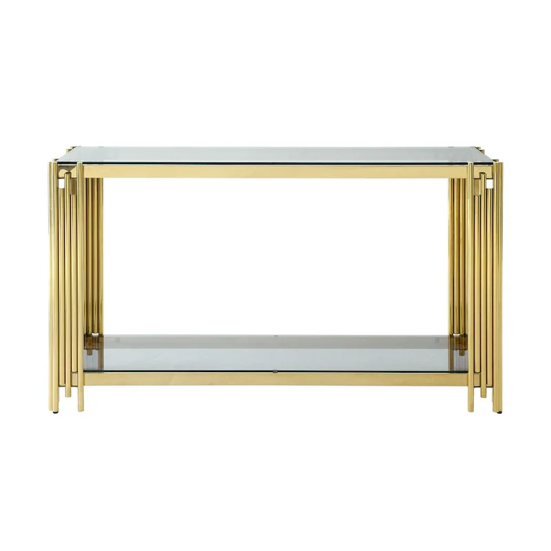Narrow 2-tier Console Table with Gold Finished Metal Frame and Tempered Glass Top