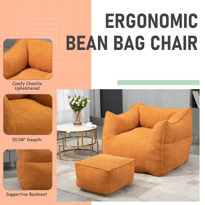 Boucle Upholstered Deep Seat Armless Square Bean Bag Chair with Ottoman