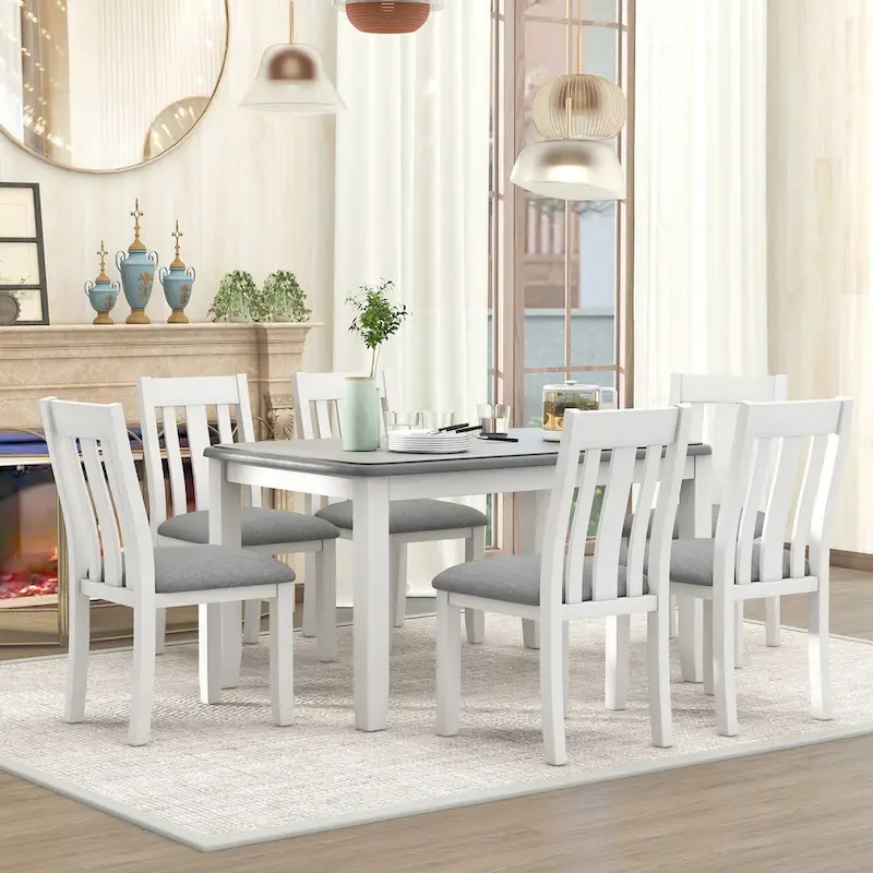 Retro Style 7-Piece Dining Table Set with Extendable Table and 6 Upholstered Chairs