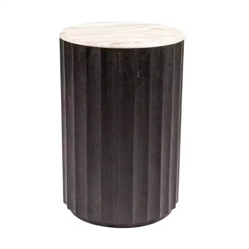 Storied Home Round Mango Wood Fluted Side Table with Marble Top, Black Finish
