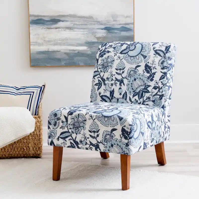 Blue Paisley Fabric Slipper Accent Chair, Single Seat