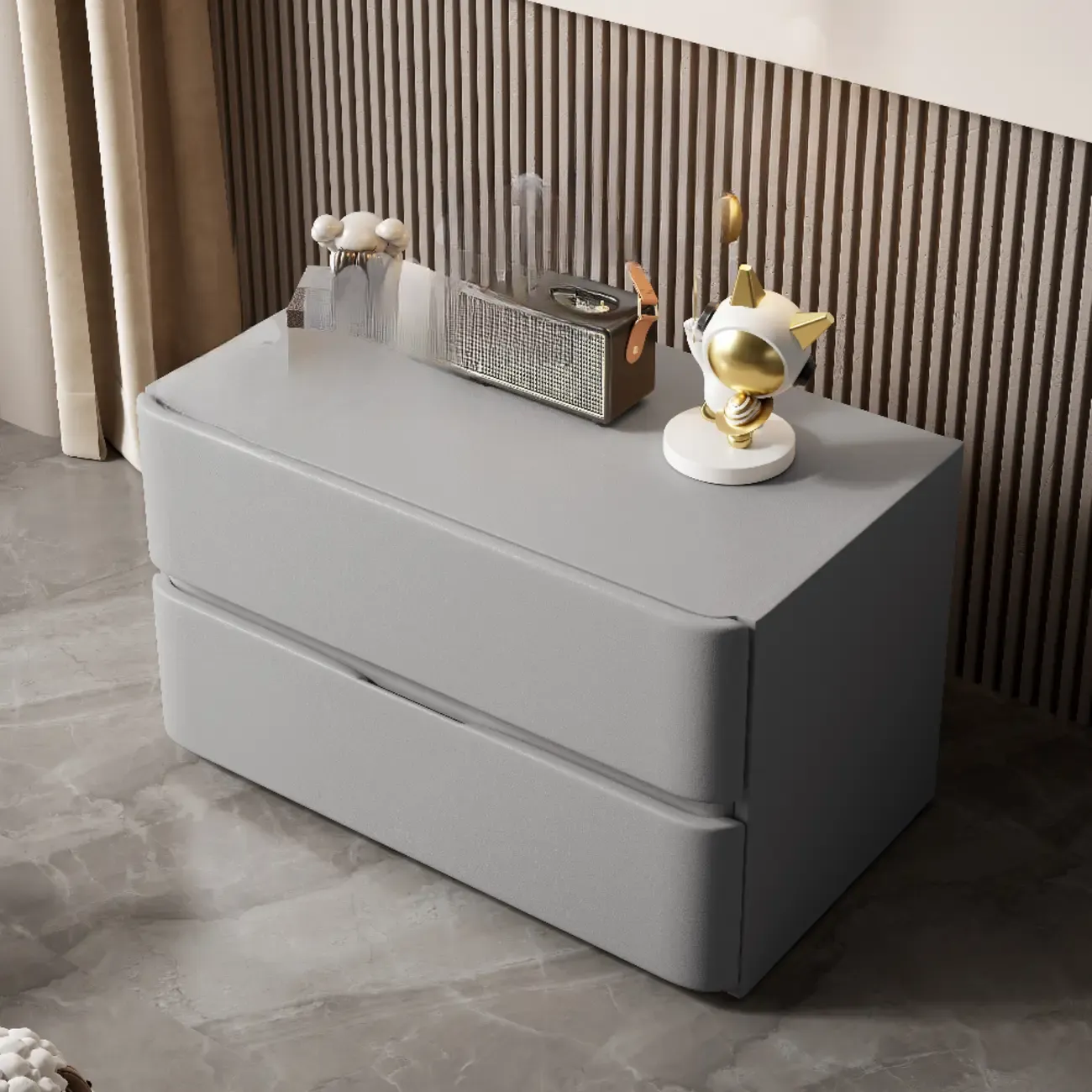 Modern Stone Top Wooden White Bedside Table 2 Drawers