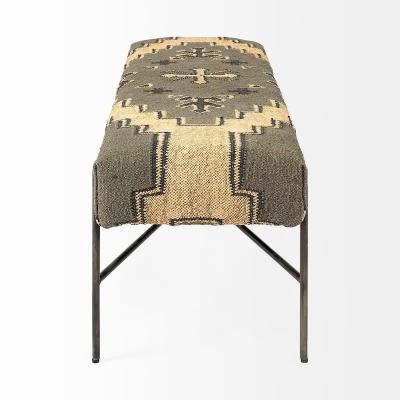 HomeRoots 55 Green Brown and Black Upholstered Abstract Cotton Blend Bench - 55