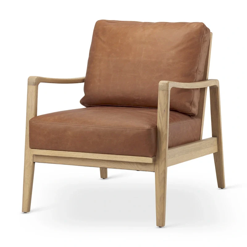 Brown Genuine Leather w/ Light Brown Solid Beechwood Frame Accent Chair - 27.9W x 34D x 34.4H