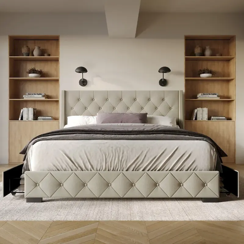 Button-Tufted Linen Storage Platform Bed with Wingback Headboard – Charcoal / Warm / Light Grey, Full / Queen / King, Single