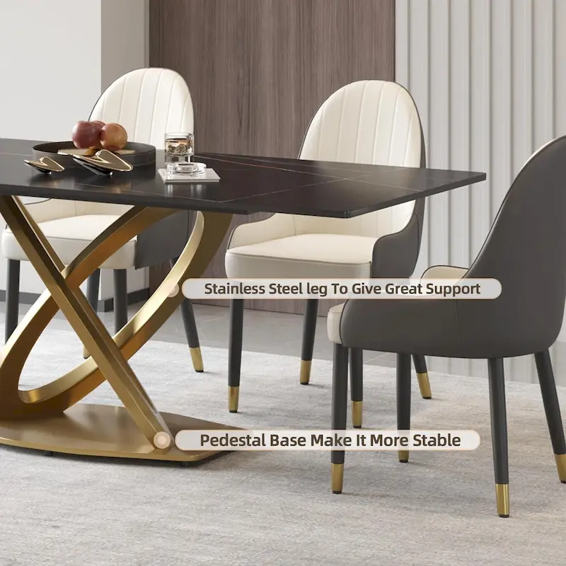 70 White Sintered Stone Dining Table with Stainless Steel Gold Pedestal