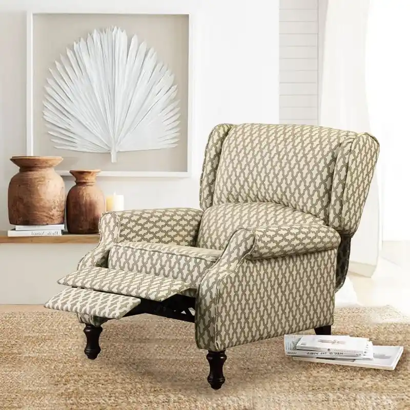 Manual Recliner Chair, Linen Trellis Pattern – Blue / Beige / Brown, Single