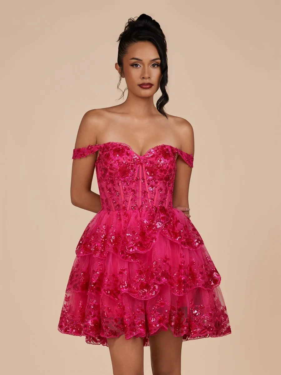 Fuchsia - A-Line Sweetheart Tiered Short Short Homecoming & Cocktail Dresses