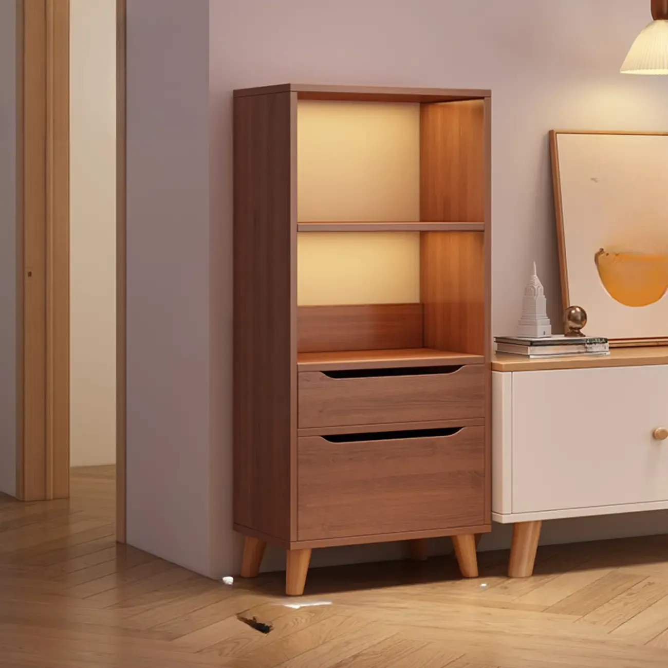 Tall Gray 4-Tier Open Back Wood Bookshelf with Drawer