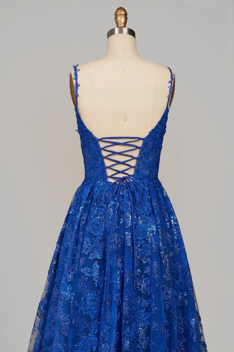 Royal Blue - A-Line Sequined Lace V Neck Long Prom Dresses