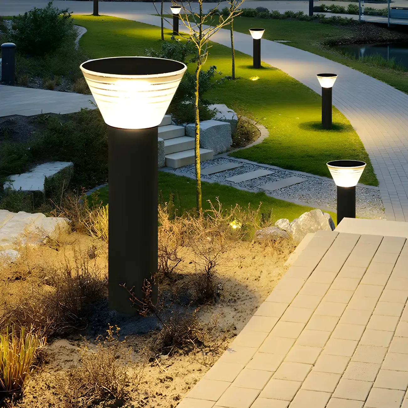 Modern Solar Pillar Conical Metal Landscape Lighting