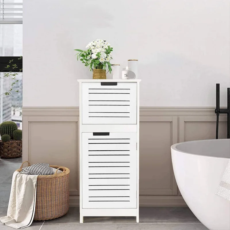 White Satin Bathroom Floor Cabinet with Drawer & Vented Door