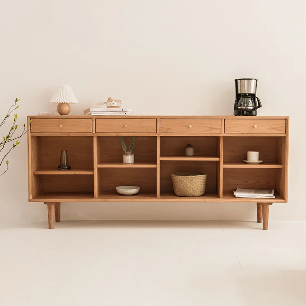 Scandinavian Natutal Wood Rattan Sideboard with Drawers