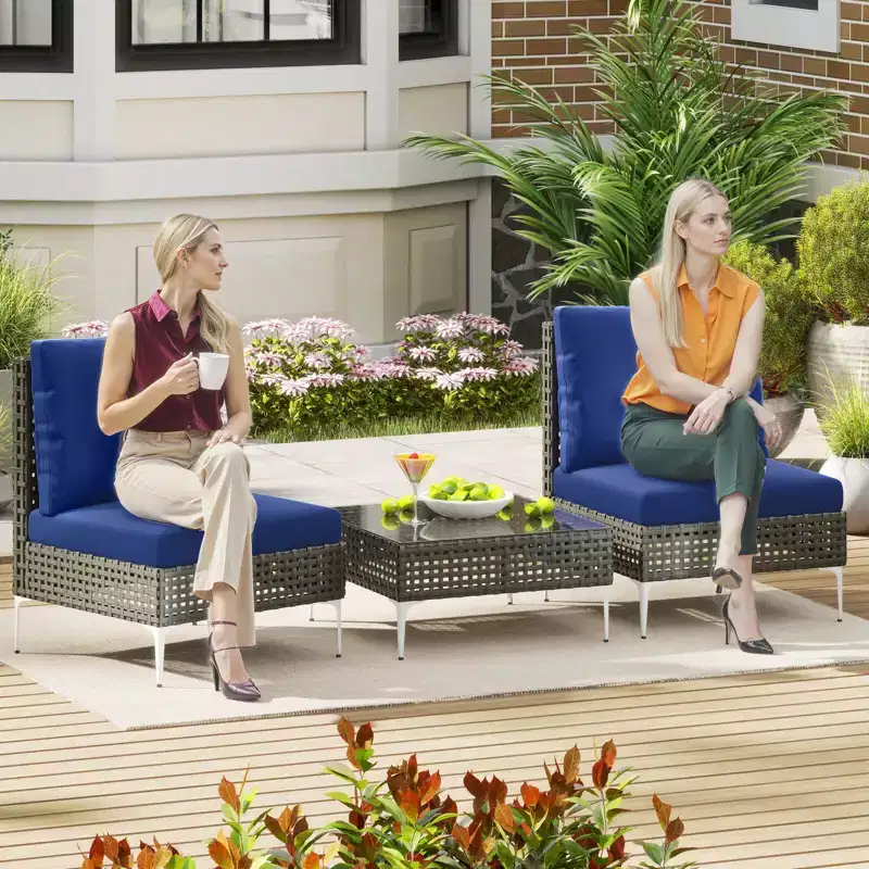Costway 3 PCS Patio Furniture Set with Tempered Glass Coffee Table Soft Back & Seat Cushions Navy/White/Gray