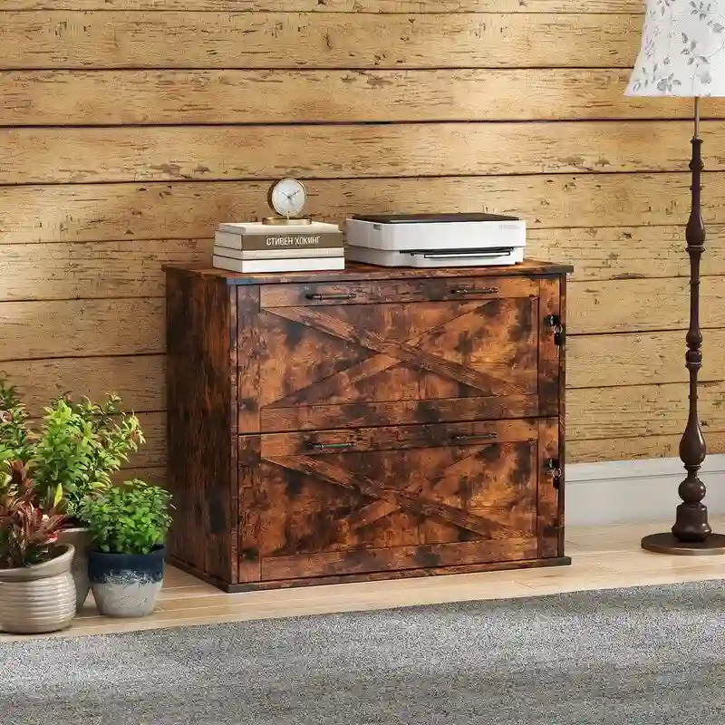 Barn Door Wooden 2 Drawers With Lock 25.79H